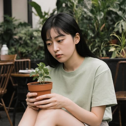 10대 초반의 동양인 소녀가 가벼운 티셔츠와 반바지를 입고 아늑한 정원 카페에 앉아 있습니다. 그녀는 손에 작은 식물 화분을 들고 찡그린 얼굴로 바라보며, 주변의 풍성한 식물들 속에서 고민의 순간을 반영하고 있습니다.