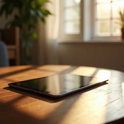 나무 테이블 위에 있는 슬릭 태블릿과 창문을 통해 쏟아지는 아침 햇살이 부드러운 그림자와 따뜻한 색조를 만들어냅니다.