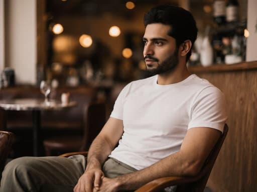 30대 중동계 남성이 자연스러운 외모로 카페 의자에 편안하게 앉아 있는 반신 사진입니다. 그는 편안한 티셔츠와 바지를 착용하고 있으며, 우아한 표정을 지으며 집중하고 있습니다. 그의 손은 무릎 위에 놓여 있고, 약간의 턴을 통해 춤의 느낌을 전달하고 있습니다. 배경에는 따뜻한 조명이 비추는 아늑한 카페 내부가 있어, 장면의 전체적인 매력을 더해주는 초대하는 분위기를 만들어냅니다.