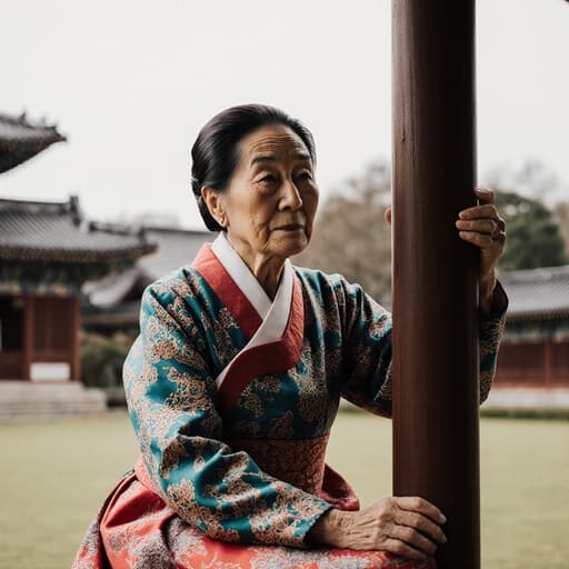 전통 한복을 입은 70세 아시아계 여성의 반신 촬영이 담긴 이미지로, 슬픈 표정을 지으며 나무 기둥과 상호작용하며 깊은 생각에 잠긴 모습이 조용한 공원 배경의 전통 건축물과 함께 표현됩니다.