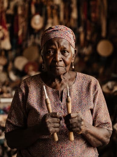 70대 아프리카계 여성이 전통적인 패턴의 원피스를 입고 아늑한 작업실에 앉아, 손에 공예 도구를 들고 걱정스러운 표정을 짓고 있습니다. 그녀는 전통 공예의 헌신과 배려를 나타내고 있습니다.