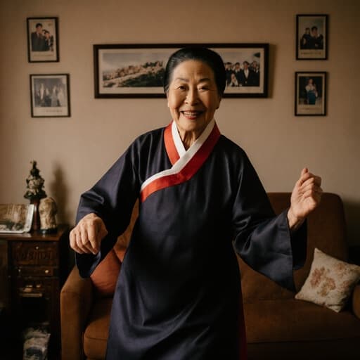 80대 한국인 여성이 전통 한복을 입고 아늑한 거실에서 즐겁게 춤추고 있는 모습의 반신 사진. 가족 사진과 전통 소품이 장식된 따뜻한 분위기 속에서 만족스러운 표정을 짓고 있다.