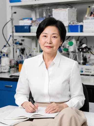 60대 동양인 여성의 반신 사진으로, 화이트 블라우스와 베이지색 스커트를 입고 있습니다. 그녀는 현대적인 실험실의 테이블에 앉아 연구 노트를 들고 깊은 생각에 잠긴 모습으로 지적이고 세련된 표정을 짓고 있습니다. 배경은 최신 장비와 도구가 배치된 현대적인 실험실 환경으로, 전문적인 분위기를 더하고 있습니다.