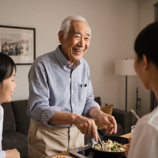 따뜻한 미소를 지으며 요리 재료를 가리키는 70대 아시아계 남성의 반신 촬영으로, 체크무늬 셔츠와 베이지색 바지를 입고 아늑한 거실의 테이블에서 가족과 함께 요리하는 모습을 담고 있습니다.