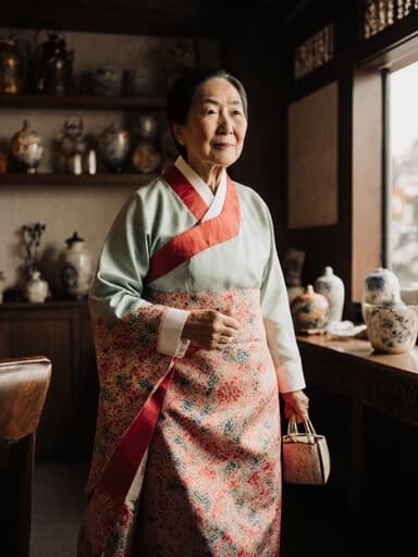 전통 한복을 입고 작은 가방을 들고 불편한 표정을 지으며 걷고 있는 70대 아시아계 여성의 전신 사진이 전통 소품으로 장식된 한국의 전통 카페 배경에서 촬영되어, 유산과 전통이 풍부한 분위기를 만들어냅니다.