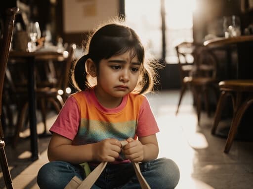 아늑한 카페의 한 구석에 앉아 있는 7세 중동계 여성의 반신 사진입니다. 귀여운 외모를 지닌 그녀는 화사한 색상의 티셔츠와 편안한 청바지를 착용하고 있으며, 가방을 꼭 쥐고 슬픈 표정을 지으며 울고 있습니다. 배경에는 카페의 테이블과 의자들이 놓여 있고, 창문을 통해 햇살이 비추어 따뜻하고 매력적인 분위기를 만들어냅니다.