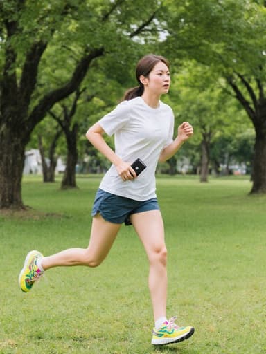 편안한 티셔츠와 반바지를 입고 밝은 색상의 운동화를 신은 귀엽고 사랑스러운 1세 한국인 여성의 전신 샷입니다. 그녀는 음악을 듣고 있는 동안 약간 지루한 표정을 지으며 음악 플레이어를 손에 들고 푸르른 공원에서 달리고 있습니다. 나무와 잔디가 어우러진 배경이 그녀의 자연스러운 움직임과 음악 플레이어와의 상호작용을 포착하여 역동적이면서도 편안한 분위기를 만들어냅니다.