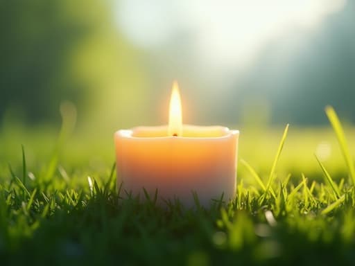 맑은 하늘 아래 햇살 가득한 초록 잔디 위에 놓인 티라이트 캔들로 차분하고 따뜻한 분위기를 연출합니다.