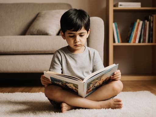 3세의 중동계 남자아이가 아늑한 거실에서 편안한 티셔츠와 반바지를 입고 크로스 레그로 앉아 있습니다. 그는 지루한 표정을 지으며 열린 그림책을 바라보고 있으며, 배경에는 잘 배치된 소파와 책장이 따뜻한 분위기를 만들어냅니다.