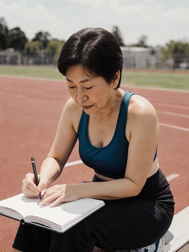 50대 동양인 여성의 반신 사진으로, 자연스러운 외모를 가진 그녀는 편안한 스포츠웨어와 운동화를 착용하고 있습니다. 그녀는 약간 지루한 표정으로 집중하여 노트를 작성하고 있습니다. 배경은 운동 트랙이 있는 야외 환경으로, 역동적이면서도 편안한 분위기를 만들어냅니다. 자연스러운 조명이 장면의 캐주얼하면서도 사색적인 기분을 강조하며, 주변과의 연결을 부각시킵니다.