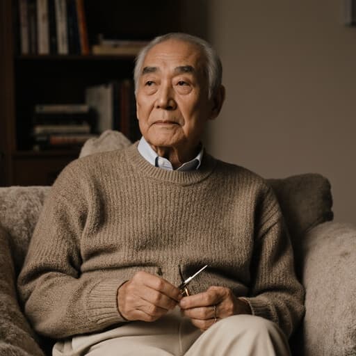 70대의 차분한 표정을 가진 한국 남성이 편안한 니트 스웨터와 면바지를 입고 바느질 도구를 들고 소파와 책장이 있는 아늑한 거실에 앉아 있습니다. 그의 차분한 표정은 창의적인 취미에 몰두할 준비가 된 여유로운 마음가짐을 반영하고 있습니다.