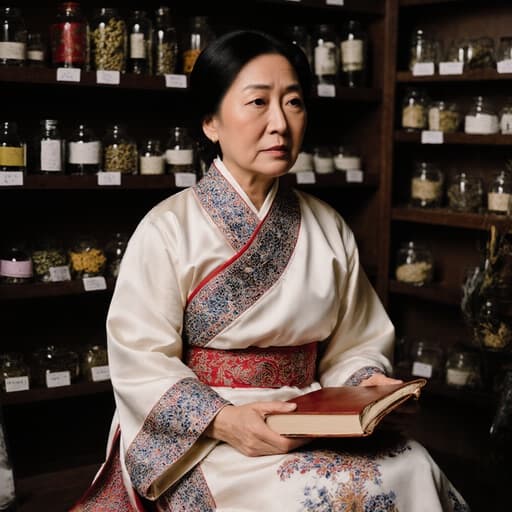 40대 동양인 여성이 자연스러운 외모를 지니고 전통 의사복과 화려한 문양의 겉옷을 입고 있는 반신 촬영입니다. 그녀는 크로스 레그로 앉아 한의학 서적을 들고 있으며, 걱정스러운 표정을 지으며 의기소침한 느낌을 주고 있습니다. 배경은 아늑한 전통 치료실로, 다양한 한약재가 진열되어 있어 따뜻하고 진정한 분위기를 더하고 있습니다.