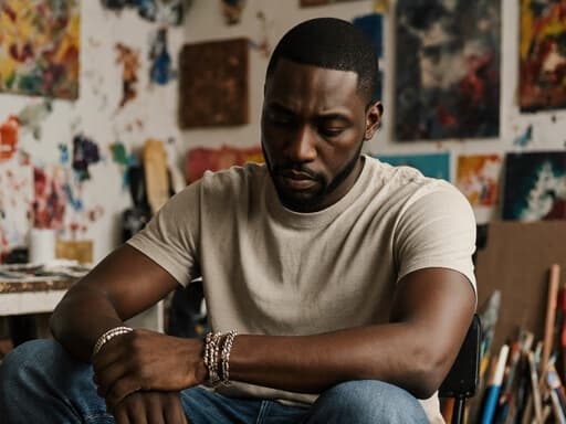 30대 흑인 남성이 예술 작업 공간에 앉아 깊은 생각에 잠긴 모습의 반신 사진입니다. 그는 편안한 티셔츠와 청바지를 입고 있으며, 팔목에는 여러 개의 팔찌가 보입니다. 그의 표정은 의기소침하여 팔을 무릎에 올리고 바닥을 바라보고 있습니다. 배경에는 벽에 걸린 그림들과 어지럽게 놓인 다양한 미술 도구들이 있어 반영적인 분위기를 자아냅니다.