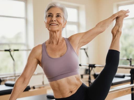 60대 중동계 여성이 편안한 필라테스 복장을 입고 요가 자세를 취하며 균형을 잡고 있는 반신 촬영. 밝은 필라테스 스튜디오에서 열정적이고 집중된 모습으로 에너지와 헌신을 발산하고 있습니다.