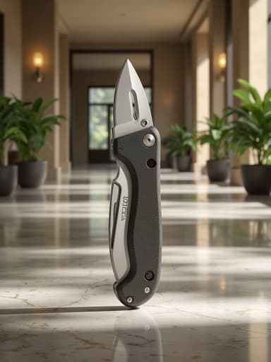 유틸리티 나이프, 도구, DIY, 세련되고 우아하며 프리미엄, 고급 호텔 로비의 광택이 나는 대리석 바닥, 우아한 조명 기구, 자연광, 큰 창문, 실내 식물.