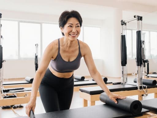 50대 한국인 여성이 깨끗하고 밝은 필라테스 스튜디오에서 다양한 필라테스 기구들과 함께 필라테스 매트를 정리하며 활짝 웃고 있는 반신 사진으로, 행복과 웰빙을 표현하고 있습니다.