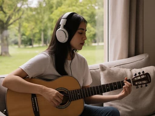 편안한 티셔츠와 청바지를 입고 헤드폰을 쓴 10대 후반의 라틴계 여성 모델이 소파에 앉아 기타를 연주하고 있으며, 음악에 집중한 평온한 표정을 짓고 있습니다. 그녀 뒤에는 창문 너머로 푸른 공원이 보이며, 이미지의 평화로운 분위기를 더합니다.