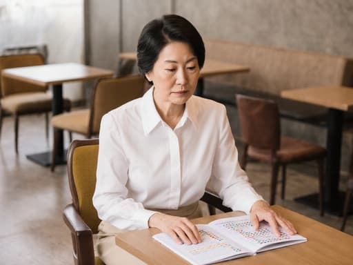 60대 동양인 여성이 흰색 블라우스와 베이지색 스커트를 입고 아늑한 카페 상담 공간에 앉아 있는 반신 샷입니다. 그녀는 진지한 표정을 지으며 상담 준비를 하고 있으며, 테이블 위의 약품 안내서를 바라보고 있습니다. 따뜻하고 초대하는 배경이 그녀의 모습과 잘 어우러집니다.