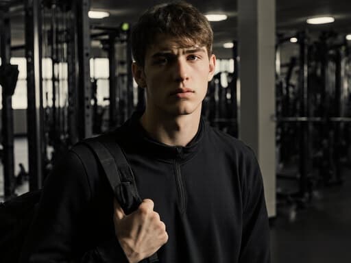 자연스러운 외모를 가진 10대 후반의 백인 남성이 편안한 운동복을 입고 헬스장에서 운동 가방을 한쪽 어깨에 메고 약간 피곤한 표정을 짓고 있습니다. 다양한 운동 기구가 배경에 배치되어 있어 활동적인 라이프스타일과 피트니스의 도전을 잘 표현한 이미지입니다.