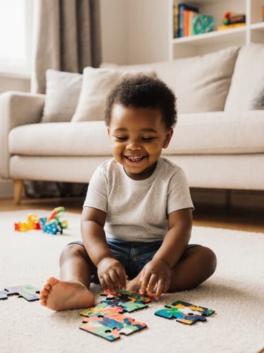 사랑스러운 외모의 1세 아프리카계 남아가 밝고 아늑한 거실에서 바닥에 앉아 퍼즐 조각을 맞추며 기쁜 표정으로 미소 짓고 있는 모습을 담은 반신 사진. 편안한 티셔츠와 반바지를 입고 있습니다. 주변에는 장난감과 책들이 놓여있습니다.