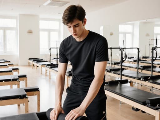 20대 유럽계 남성이 편안한 운동복을 입고 필라테스 매트를 정리하며 차분하고 집중한 표정을 짓고 있는 반신 사진. 밝고 넓은 운동 공간에 필라테스 기구가 배치되어 있습니다.