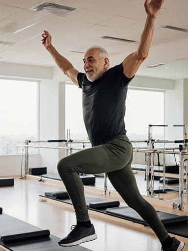 60대 중동계 남성이 편안한 운동복과 필라테스 타이츠를 입고 점프하는 자세로 촬영된 전신 사진입니다. 팔을 위로 뻗고 다리를 활짝 벌린 자세로 운동에 대한 열정을 발산하며, 필라테스 매트와 기구가 있는 밝고 넓은 운동 공간에서 에너지를 느낄 수 있습니다.