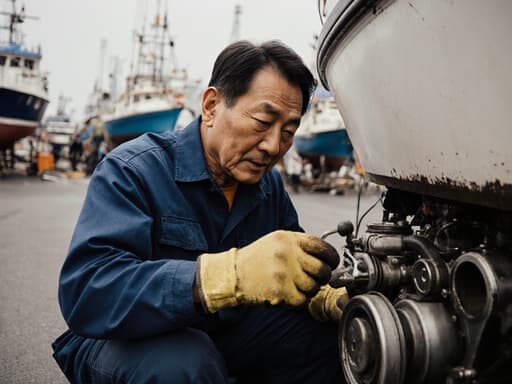 50대 동양인 남성이 작업복과 장갑을 착용하고 바닥에 앉아 어선의 엔진 부품을 점검하는 모습의 반신 사진. 어선 정비가 진행되고 있는 항구의 분주한 풍경이 배경으로, 그의 열정적인 표정과 해양 환경의 생동감을 포착한 장면입니다.