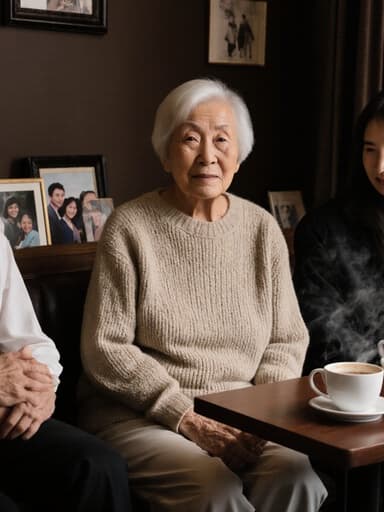 70대 동양인 여성의 반신 촬영으로, 아늑한 카페에서 편안한 니트 스웨터와 바지를 입고 차분한 표정을 지으며 가족과 따뜻한 대화를 나누고 있습니다. 테이블 위에는 가족 사진과 따뜻한 음료가 놓여 있어 따뜻하고 초대하는 분위기를 연출하고 있습니다.