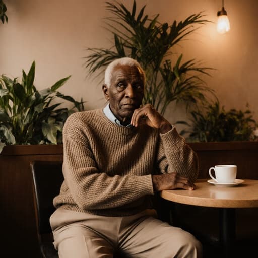 아늑한 카페에서 니트 스웨터와 슬랙스를 입은 80세의 흑인 남성이 테이블에 손을 올리고 커피를 바라보며 여유로운 표정을 짓고 있는 반신 샷, 따뜻한 조명과 푸르른 식물들로 둘러싸인 모습.