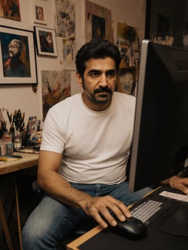 40대 중동계 남성이 편안한 티셔츠와 청바지를 입고 아늑한 아트 스튜디오에 앉아 있는 반신 사진입니다. 그는 컴퓨터 앞에서 마우스를 사용하여 그림을 그리며 자유롭고 창의적인 표정을 짓고 있습니다. 스튜디오는 다양한 그림 도구와 전시된 작품들로 가득 차 있어 창의적인 분위기를 더합니다.