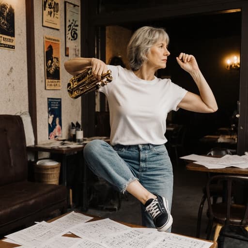 40대 유럽계 여성이 편안한 티셔츠와 스타일리시한 청바지를 입고 음악 이론에 몰두하며 악기를 들고 춤추는 모습의 반신 촬영. 음악 포스터와 테이블 위의 악보가 있는 아늑한 카페 배경이 따뜻하고 매력적인 분위기를 더합니다.