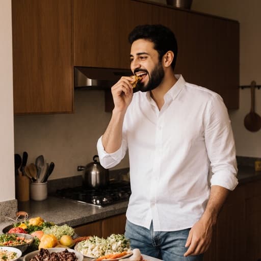30대 중동계 남성이 캐주얼한 흰색 셔츠와 청바지를 입고 조리대 쪽으로 걸어가며 음식을 맛보며 행복한 표정을 짓고 있는 모습의 반신 촬영이 이루어졌습니다. 조리대에는 다양한 재료와 조리기구가 놓여 있어 따뜻하고 매력적인 요리 분위기를 자아냅니다.