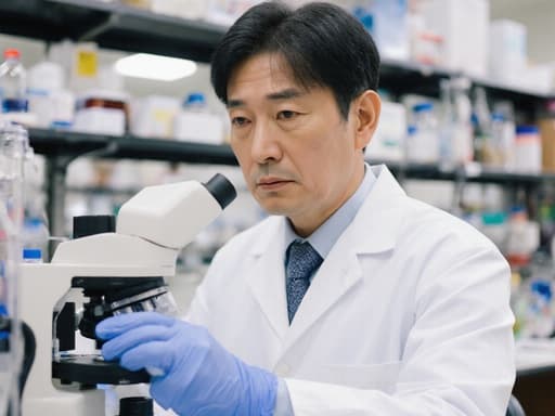 50대 한국인 남성 연구자가 흰색 실험복을 입고 실험 장비를 조작하며 슬픈 표정을 짓고 있는 반신 샷을 담고 있습니다. 배경은 다양한 연구 자료와 실험 기구들로 잘 정리된 실험실로, 과학적 탐구와 감정적 깊이를 강조합니다.