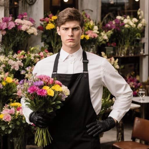 꽃집에서 꽃다발을 들고 있는 20대 백인 남성이 불만스러운 표정을 지으며, 아름다운 꽃들과 아늑한 카페가 배경에 있는 모습입니다.