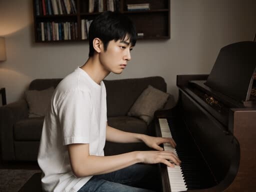 아늑한 거실에서 피아노 앞에 앉아 걱정스러운 표정을 짓고 있는 10대 초반 아시아계 남성의 반신 사진. 그는 캐주얼한 티셔츠와 청바지를 입고 있으며, 배경에는 책장과 소파가 있어 따뜻한 분위기를 자아내며 주제와의 감정적 연결을 강조합니다.