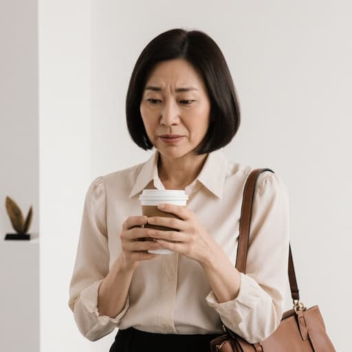 이 이미지는 자연스러운 아름다움을 지닌 40대 동양인 여성을 반신 상으로 담고 있습니다. 그녀는 세련된 블라우스를 입고 어깨에 트렌디한 가방을 메고 있으며, 약간 짜증난 표정으로 커피를 마시는 모습입니다. 배경은 모던한 스튜디오로 깨끗한 화이트 벽과 심플한 소품들로 구성되어 있어 세련되면서도 친근한 분위기를 만들어냅니다.