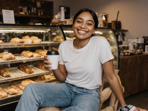 밝고 자연스러운 외모를 가진 혼혈 10대 소녀가 아늑한 베이커리에서 편안하게 앉아 있습니다. 캐주얼한 티셔츠와 청바지를 입고 커피 컵을 손에 들고 밝게 미소 지으며 즐거운 기분을 표현하고 있습니다. 다양한 빵과 디저트로 가득한 따뜻한 분위기가 주변을 감싸고 있습니다.