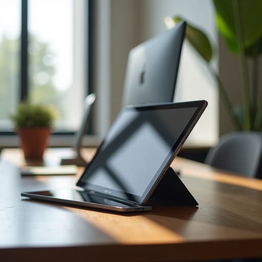 현대적인 사무실에 있는 태블릿, 반짝이는 유리 표면, 큰 창을 통해 들어오는 자연광으로 밝고 전문적인 분위기 생성.