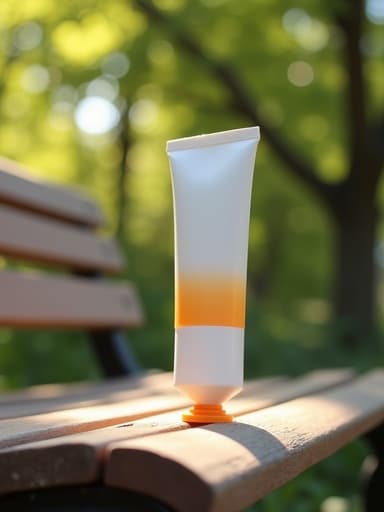 도시의 공원 벤치에 놓인 자외선 차단제로, 매끈한 튜브와 부드러운 매트 마감, 세부적인 노즐이 특징이며, 나무 사이로 필터링되는 햇빛과 함께 평온하고 매력적인 분위기를 연출합니다.