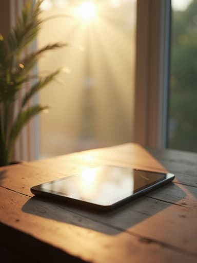 나무 테이블 위의 초현실적인 태블릿, 안개가 자욱한 아침