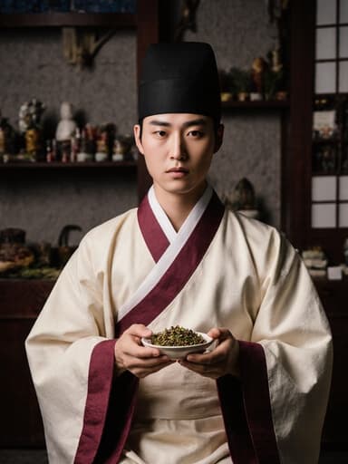 10대 후반의 혼혈 남성이 전통 한복을 입고 한약재를 들고 음식을 시식하기 위해 준비하는 모습이 고전적인 한의 치료실에서 다양한 재료와 도구로 가득 차 있습니다.