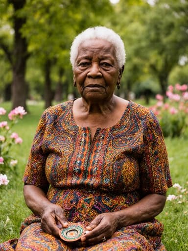 70대의 자연스러운 외모를 가진 흑인 여성이 화려한 전통 아프리카 드레스를 입고 공원의 잔디에 앉아 있는 모습입니다. 그녀는 작은 전통 공예품을 들고 있으며, 슬픈 표정을 지으며 깊은 생각에 잠긴 듯 보입니다. 푸르른 나무와 꽃들로 둘러싸인 이 모습은 문화적 이야기를 회상하는 평화로운 분위기를 자아냅니다.