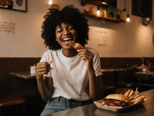 아프리카계 10대 후반의 소녀가 캐주얼한 복장으로 아늑한 베이커리에서 바베큐 음식을 즐기며 행복한 표정을 짓고 있는 장면을 담고 있습니다. 따뜻하고 초대하는 분위기 속에서 그녀의 기쁨이 느껴집니다.
