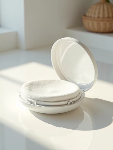 현대적인 흰색 라운지에 부드러운 자연 조명으로 있는 선케어 쿠션, 차분하고 우아한 분위기.