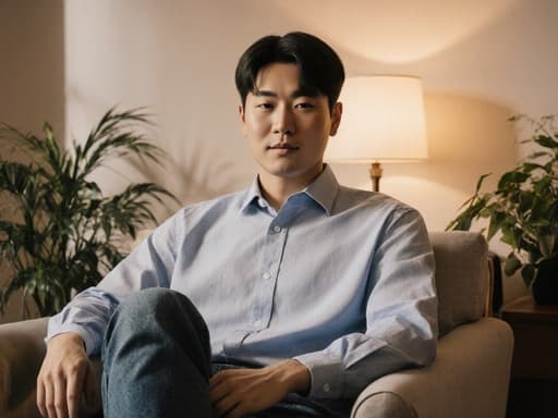 30대 한국인 남성이 자연스러운 외모로 아늑한 거실에 편안하게 앉아 있는 반신 샷. 그는 편안한 셔츠와 청바지를 착용하고 있으며, 차분한 표정으로 평온한 감정을 나타냅니다. 모델은 의자와 상호작용하며 편안한 자세로 상담을 진행하고 있습니다. 배경에는 따뜻한 조명과 식물이 있어, 전체적으로 환영하는 분위기를 조성하고 있습니다.