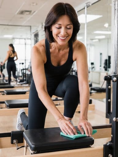 40대 혼혈 여성의 밝고 활기찬 반신 사진으로, 자연스러운 아름다움과 에너지를 보여줍니다. 그녀는 레깅스와 탑, 운동화로 편안한 필라테스 복장을 착용하고 있습니다. 밝은 미소를 지으며 필라테스 기구를 정리하고 청소하는 모습은 현대적이고 깔끔한 운동실에서 활기찬 에너지를 전달합니다. 다양한 필라테스 도구가 배치된 이 공간은 피트니스와 웰빙의 주제를 강조하며, 운동 환경에서의 기쁨과 집중의 순간을 포착하고 있습니다.