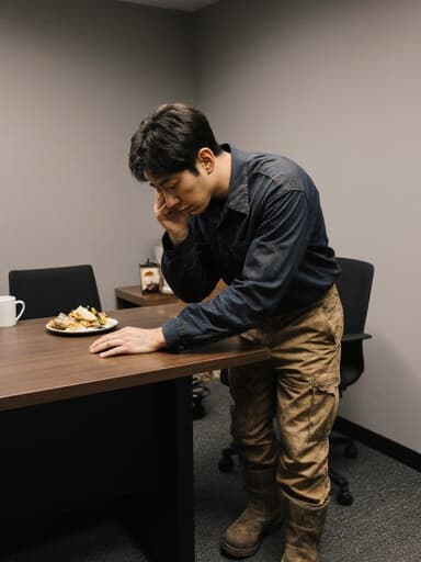 30대 한국인 남성이 먼지가 묻은 작업복과 작업화를 착용하고 회의실에 앉아 있습니다. 슬픈 표정과 고민에 찬 눈빛이 그의 마음을 반영하고 있으며, 회의 테이블에 고개를 숙이고 있습니다. 배경에는 커피 잔과 간단한 스낵이 놓인 아늑한 카페 스타일의 공간이 있습니다.