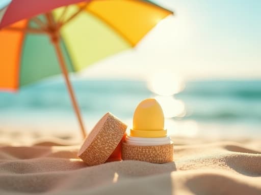 립밤, 다채로운 파라솔 아래 모래 해변, 따뜻한 여름 분위기