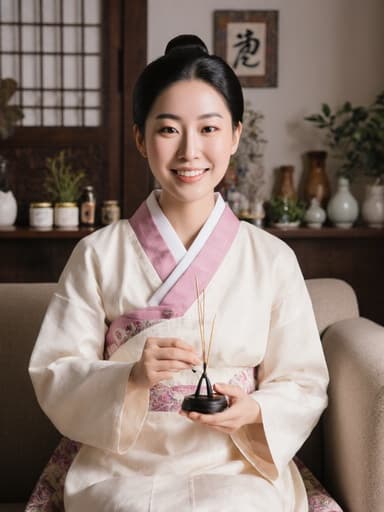 20대 한국인 여성이 전통 한복을 입고 소파에 앉아 있으며, 손에 뜸 치료 도구를 들고 있습니다. 행복한 표정을 지으며 편안한 느낌을 주며, 배경은 한약재와 전통적인 장식이 있는 한의원입니다.