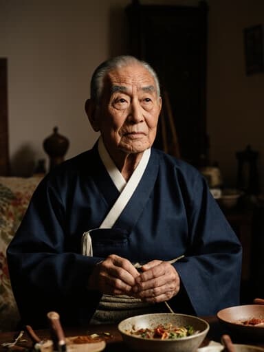 80대 백인 남성이 전통 한복을 입고, 전통 음식을 만들기 위한 재료를 손에 들고 있는 반신 사진입니다. 그는 고독한 표정을 짓고 있으며, 따뜻한 느낌의 거실에서 전통 조리 도구와 재료들이 흩어져 있어 그리움이 느껴집니다.